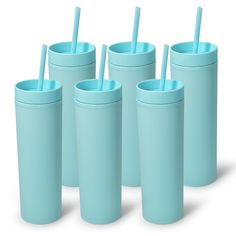 six blue cups with straws in them are lined up next to each other on a white background