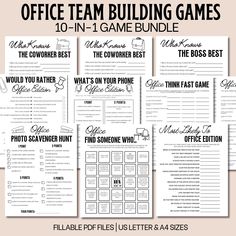 the office team building game bundle is shown in black and white