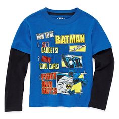 Mock Layer Shirt With Batman Designs. New With Tags. Size 2t Batman Blue, Yellow Long Sleeve Shirt, Layer Shirt, Batman Kids, Batman Shirt, Batman T Shirt, Layered Shirts, Black Long Sleeve Shirt, Boys Long Sleeve