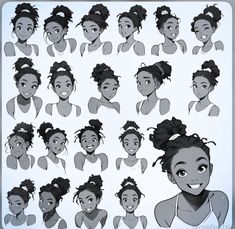 an animation character's head and various hairstyles for different characters, including black women