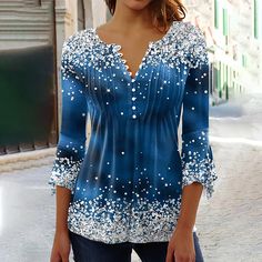 Mujer Talla Grande Camisa Camiseta Henley Shirt Blusa Graphic A Lunares Flor Casual Fin de semana Azul vaquero Verde Hierba Negro Estampado Botón Manga Larga Básico Escote Redondo Ajuste regular 2024 - CAD $36.99 Knit Shirts, Graphic Tops, Long Sleeve Knit Tops, Women Shirts Blouse, Mongolia, Sierra Leone, Henley Shirts, Blouse Vintage, Botswana