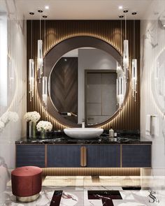 a bathroom with a large round mirror above the sink and marble flooring on the walls