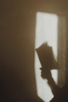 the shadow of a person holding a book in front of a window on a wall