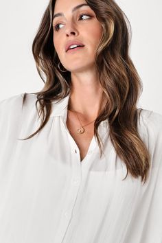 The styling possibilities are endless with the Lulus Everlee White Striped Button-Up Top! Semi-sheer woven fabric, with a subtle striped pattern, shapes this cute top with a collared neckline and short, cuffed sleeves. Relaxed bodice, with a full button placket down the front, tucks perfectly into your favorite high-waisted bottoms thanks to a rounded hem that's slightly longer at back. Camisole not included. Fit: This garment fits true to size. Length: Size medium measures 26.5" from shoulder t Button-up Blouse For Layering, Chic Everyday Blouse With Collared Neckline, Elegant V-neck Blouse For Everyday, Chic Button-up Tops For Layering, Elegant Collared Blouse For Everyday, Feminine Button-up Tops For Everyday, Everyday Versatile Collared Blouse, Versatile Everyday Collared Blouse, Pretty Shirts