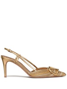 gold-tone cotton/calf leather VLogo Signature pointed toe buckle-fastening slingback strap branded insole high heel Gold Pumps, Gold Heels, Slingback Pump, Pump Shoes, Valentino Garavani, Calf Leather, High Heel, High Heels, Buckle