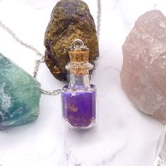 Small Purple and Gold Glass Bottle Necklace Stargazer Goods Mystical Resin Necklaces For Gifts, Spiritual Glass Crystal Necklace Gift, Magical Resin Necklace For Gifts, Potion Necklace, Glass Bottle Necklace, Purple Magic, Magic Potion, Bottle Necklace, Gold Glass