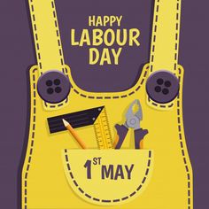 a happy labor day poster with tools in the pocket and text on purple background royalty illustration