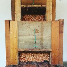 an old wooden box filled with lots of nuts sitting on top of a pile of wood