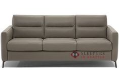 a grey leather couch with the sleepers in seattle logo on it