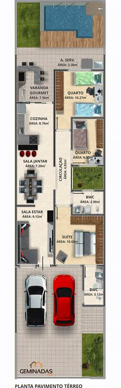 the floor plan for a house with two cars parked in it