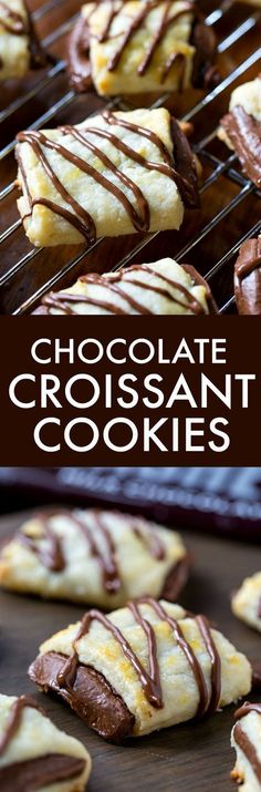 chocolate croissant cookies on a cooling rack with the words, chocolate croissant cookies