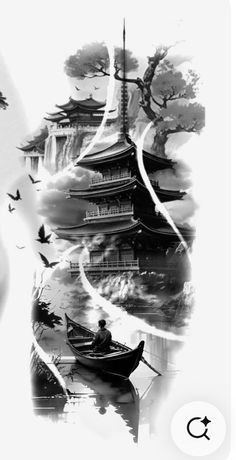 an artistic photo of a man in a boat with birds flying over him and pagodas on the other side