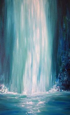 an abstract painting of a waterfall in the middle of blue and green water with light coming from it