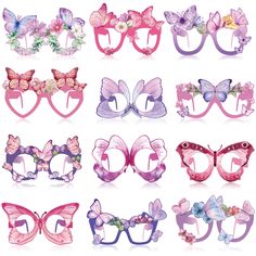 many different types of glasses with flowers and butterflies on the side, all in pink