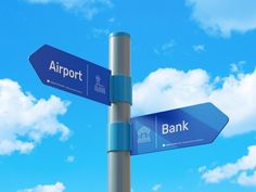 two blue street signs pointing in opposite directions against a blue sky and white cloud filled sky