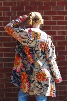 Made Of Recycled Cotton *Each Handmade One Of A Kind* 100% Cotton Pop Collar, Side Pockets One Size Total Length 38" Sleeve Length 26" Bust 16"-21" Popped Collar, Bohemian Style Clothing, Custom Dress, Patchwork Jacket, Custom Dresses, Recycled Cotton, Dahlia, Dress Making, Bohemian Style