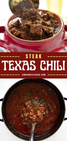 steak texas chili in a red pot with the title overlay reading steak texas chili