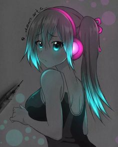 a drawing of a girl with headphones on