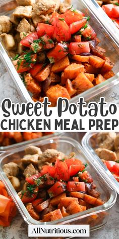 four plastic containers filled with different types of food and the words sweet potato chicken meal prep