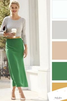 Outfit Verde, Theory Fashion, Wardrobe Color Guide, Colour Blocking Fashion, Skirt Inspiration, Colour Combinations Fashion, Color Combos Outfit, Color Combinations For Clothes, Wearing Color