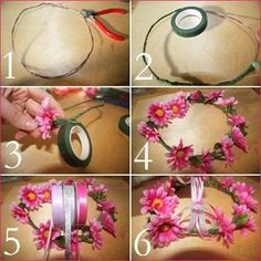 step by step instructions on how to make a wreath with flowers and ribbon for the headband