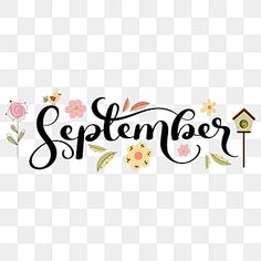 the word september written in black ink with flowers and birds on it, transparent background