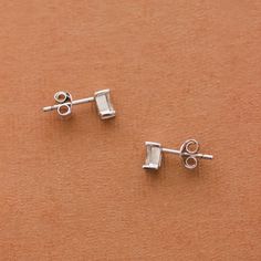 $17 Sterling silver with 14k gold or rhodium plating and cubic zirconia. Dimensions 0.20” x 0.10” Baguette Studs, Mini Baguette, Simple Studs, Multiple Ear Piercings, Multiple Piercings, Ear Piercings