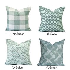 four pillows with different patterns on them and the names of each pillow are shown below