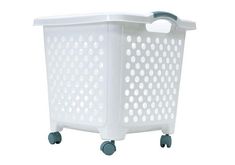 a white plastic laundry basket on wheels