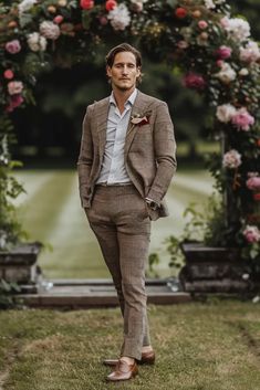 👉 Break Free from the Ordinary: Click the Link to Find Items and Other Outfits that Redefine Cool 👈  ///// Elegant brown checked suit with white shirt and tan dress shoes, perfect for a stylish wedding or formal event. Tan Dress Shoes, Tan Dress, Checked Suit