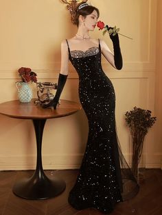 Modest Sheath Spaghetti Straps Black Sequin Long Prom Dresses Party Gown Evening Dress C3794 Party Gowns Evening Dresses, Tulle Pattern, Evening Dress Black, Empire Silhouette, Gown Photos, Fishtail Dress, Dresses Mermaid, Sleeveless Dresses, Evening Dress Fashion