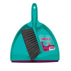 a blue dustpan with a black bristles on the side and a purple handle