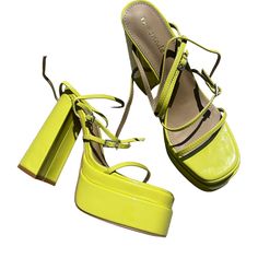 Chunky Block Heel 6.5” Platform 2” Straps With Small Silver Buckles Brand New!! Just Work For Pics *All Reasonable Offers Accepted!! Neon Yellow Heels For Summer Parties, Chic Yellow Strappy Heels, Lime Green Heels For Spring Party, Trendy Yellow Heels For Summer, Yellow Strappy Heels For Spring, Yellow Platform Heels For Spring, Chic Neon Yellow Heels For Summer, Chic Neon Yellow Summer Heels, Trendy Yellow Heels For Spring