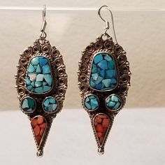 Stunning Tibetan Silver Turquoise And Coral Gemstone Vintage Earrings Coral Gemstone, Turquoise And Coral, Stunning Earrings, Heel Boots, Silver Turquoise, High Heel Boots, Vintage Earrings, Blue And Silver, High Heel