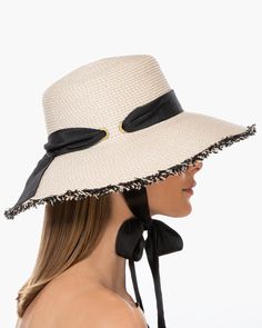 When you search for a woman's designer sun hat for sale online, take a look of this perfect one made of Squishee® with a self-fringed edge and ribbon chin ties. It is not just pretty- it has all bases covered of what you need in a sun hat on a windy day. Secure the ribbon ties under your chin or behind your head in the back, whichever you prefer. Squishee® is a man-made material incorporating recycled fibers that is lightweight and packable. It will not crack with wear or melt when wet and is mo Small Leather Accessories, Gold Sand, Women's Headwear, Navy Linen, Costume Institute, Windy Day, Hats For Sale, Black Ribbon, Aruba