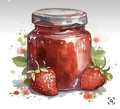 two strawberries sit next to a jar of jam