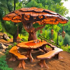 a wooden table and bench in the middle of a park with an umbrella over it