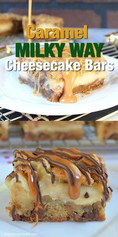 caramel milky way cheesecake bars on a plate