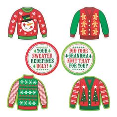 four christmas sweaters with ugly words on them