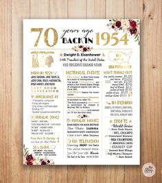 the 70 years of eachn poster on a wooden background with flowers and gold foil