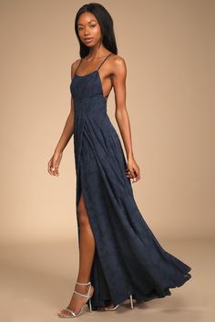 Lulus Exclusive! You're going to love how you look in the Lulus Let There Be Romance Navy Blue Burnout Floral Maxi Dress! Lightweight woven chiffon, with a burnout floral design throughout, shapes this dress that has crisscrossing adjustable straps, a straight neckline, and a princess-seamed bodice. A banded waist tops an overlapping maxi skirt. Hidden back zipper/clasp. Length: Size small measures 54" from adjustable straps to hem. Fabric: Fabric has no stretch. Fully Lined. Shell: 100% Polyest Blue Wedding Guest Dress Summer, Navy Blue Wedding Guest Dress, Navy Prom Dresses, Navy Blue Maxi Dress, Blue Floral Maxi Dress, A Line Maxi Dress, Floral Chiffon Dress, Lulus Dresses, Straight Neckline