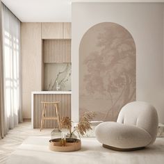 a white chair sitting in front of a window next to a potted plant