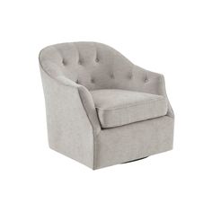 an upholstered chair with buttons on the back and arms, in grey linen