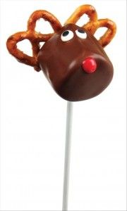 a chocolate reindeer lollipop on a stick with pretzels sticking out of it