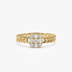 14k Gold Diamond Curb Link Ring / Illusion Setting Baguette and Round Diamond Ring / Cuban Link Ring / Stacking Diamond Ring for Women ▶ Details   * Made to Order. * Gold KT: 14K Solid Gold (also available in 18K & Platinum upon request) * Custom Gold Color: Rose Gold, Yellow Gold, White Gold * Baguette Diamond: 4 pcs 2.5 x 1.5 MM * Baguette Diamond: 4 pcs 1.7 MM * Baguette Diamond: 1 pcs 2.0 MM * Total CTW: 0.20 ctw * Diamond Color Clarity: G Color VS / SI Clarity * Ready to Ship in 3-10 Business Days ▶ See more of our Diamond Rings - http://etsy.me/2lwKUl8  ▶ See our storefront here - http://etsy.me/2lUcVnH  ▶ All store sections here * Diamond Rings - http://etsy.me/2lwKUl8  * Diamond Earrings - http://etsy.me/2lyqVBP  * Diamond Necklace - http://etsy.me/2mqa6O1  * Diamond Bracelets - ht Gold Emerald-cut Ring With Halo, 14k Gold Halo Ring With Baguette Cut, 14k Gold Rings With Halo Baguette Cut, Fine Jewelry Gold Cluster Ring With Baguette Cut, Gold Baguette Cut Cluster Promise Ring, Gold Cluster Ring With Baguette Cut And Prong Setting, Gold Cluster Ring With Baguette Diamonds For Anniversary, Gold Cluster Ring With Diamond Accents Baguette Cut, Gold Diamond Cluster Ring With Baguette Cut