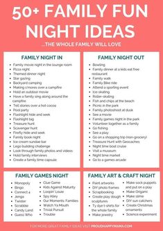 the 50 family fun night ideas list is shown in red and white with text that reads,