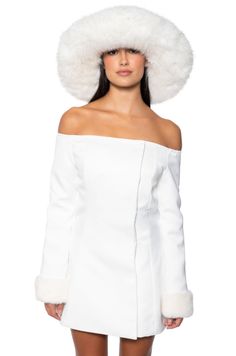 The AKIRA Label Apres Ski Off Shoulder Faux Fur Mini Dress is made from a smooth, non-stretch fabrication base and features an off shoulder neckline, a wide, detachable plush faux fur collar, long sleeves with coordinating faux fur cuffs, a flared skirt, light polyester lining, and a mini length silhouette. Complete with double-breasted snap button front closures.  - Shell: 100% Polyester, Lining: 100% Polyester - No Stretch (All measurements approximate from size small)  - 26” Chest to Hem  - 22” Sleeves  - Model height is 5'7"  - Imported  Product ID: 377168 Faux Fur Dress, Short Person, Fur Cuffs, Fur Hoodie, White Fur, Faux Fur Collar, Flared Skirt, Fur Collar, Hoodie Dress