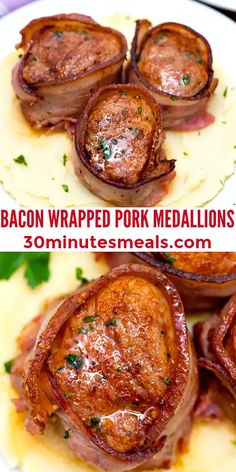 bacon wrapped pork medallions on top of mashed potatoes