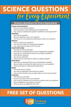 the science questions for every experiment is shown with an orange and blue background that says,'free set of questions '