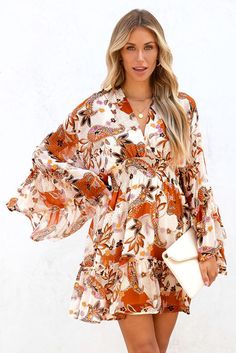 Orange High Waist Bell Sleeve Ruffled Floral Mini Dress Flowy Romper, Floral Dress Casual, High Waist Fashion, Boho Floral Dress, Dresses By Length, Vestido Casual, Sweet Dress, Floral Mini Dress, Bell Sleeve